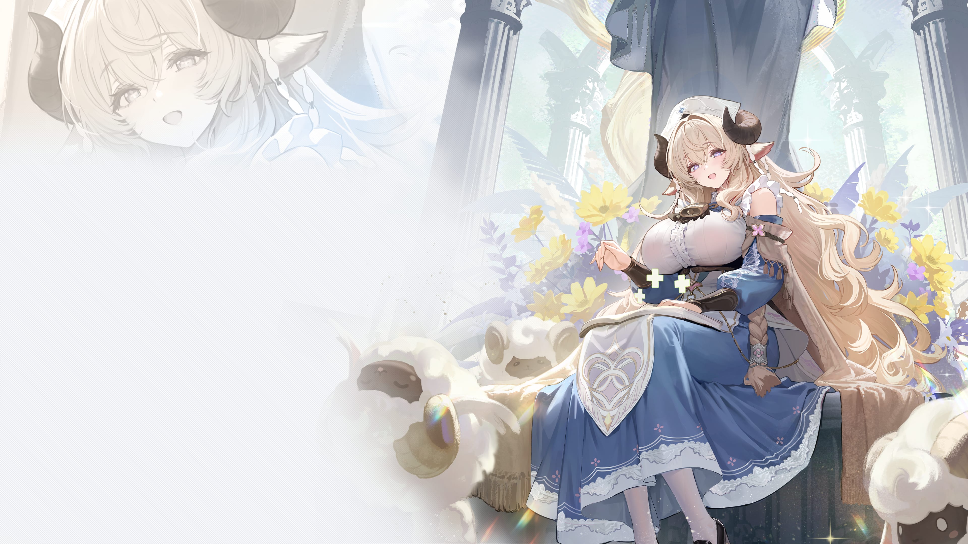 Official character artwork from Azur Promilia's website, featuring a horned companion character in a flower-filled scene