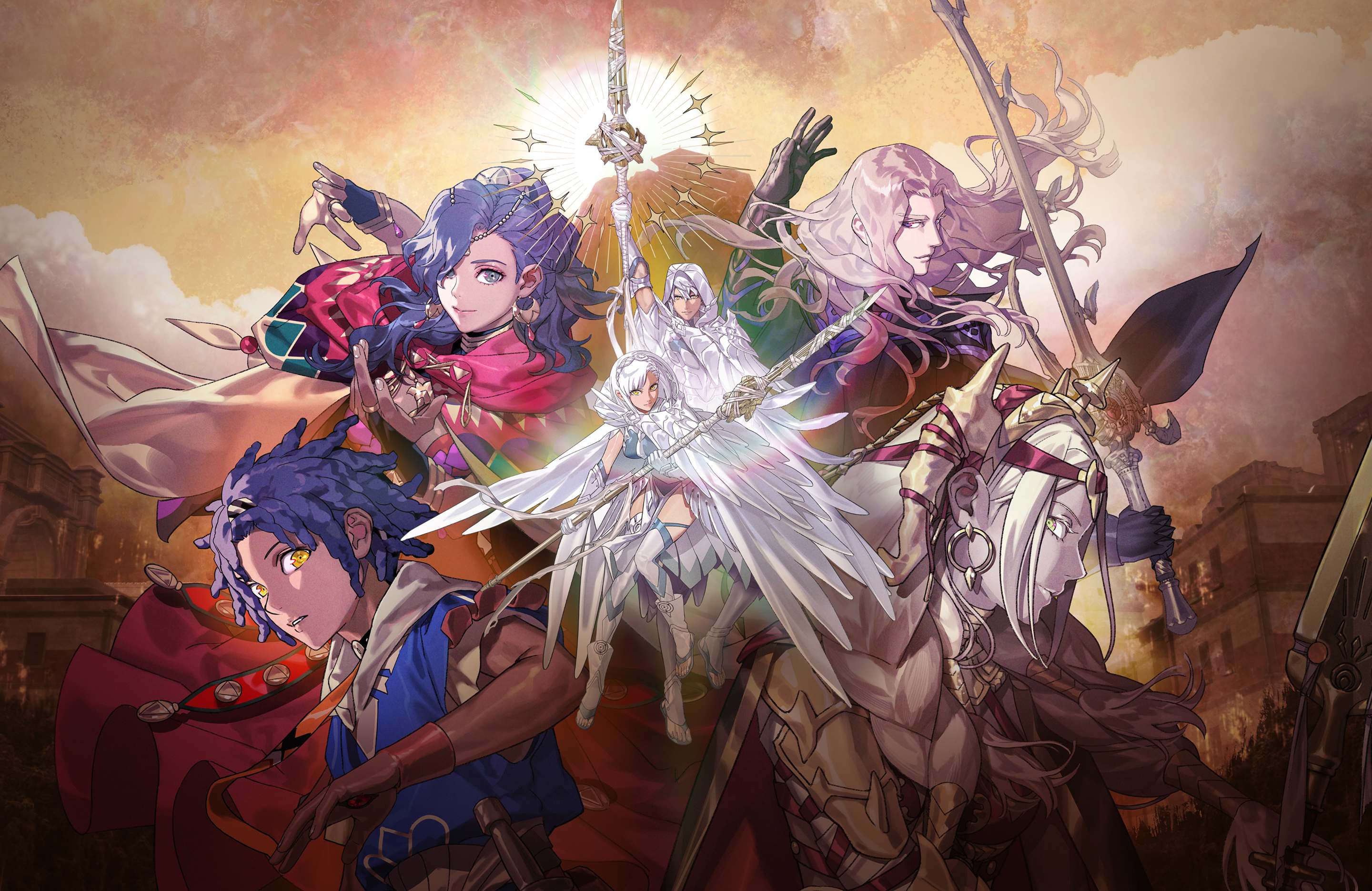 Official key art for Fire Emblem: Fortune's Weave showing the four playable leads