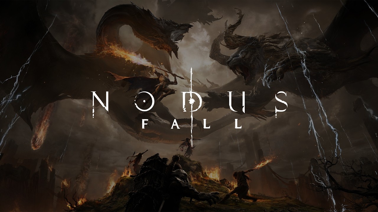 Nodusfall logo over giant beasts clashing above a burning battlefield, from the official reveal trailer
