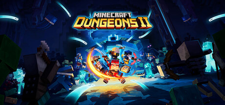 Official Minecraft Dungeons II Steam header: a hero swinging a flaming sword through a cave full of mobs