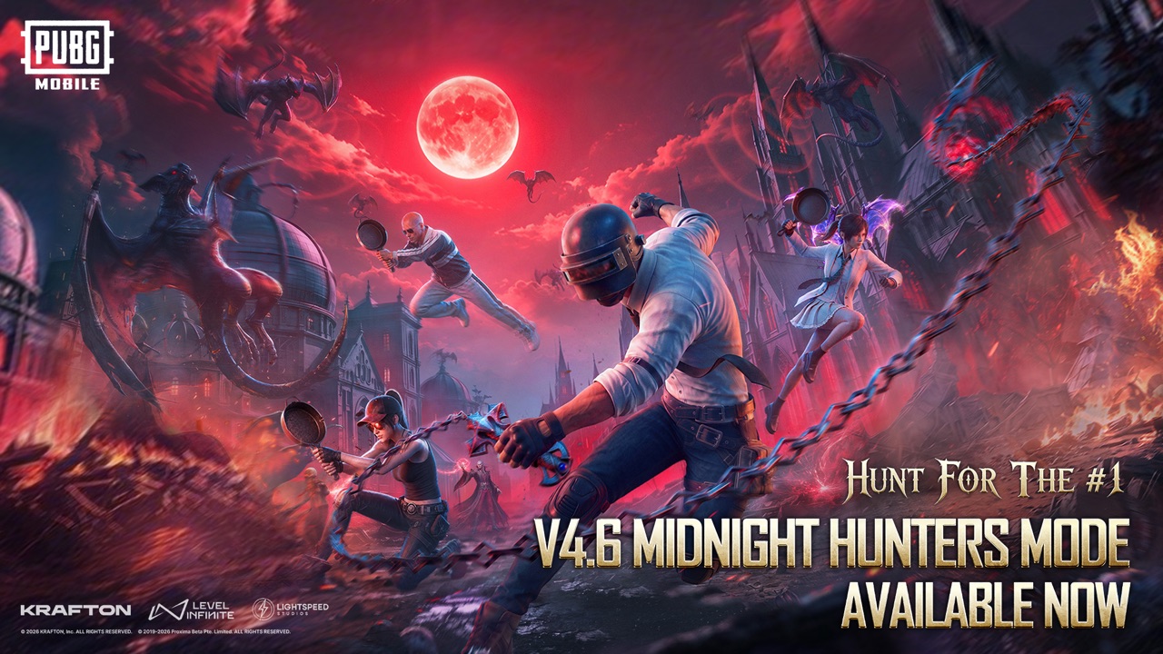 Official PUBG Mobile promotional art with the helmeted mascot and squad under a blood-red moon