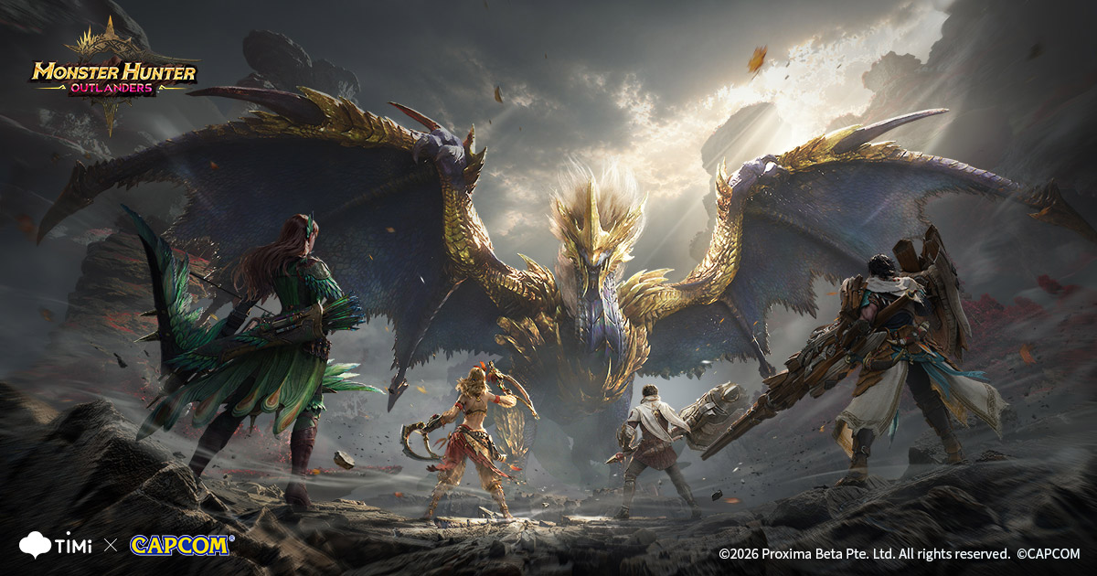 Official Monster Hunter Outlanders key art: four hunters facing a golden-winged elder dragon
