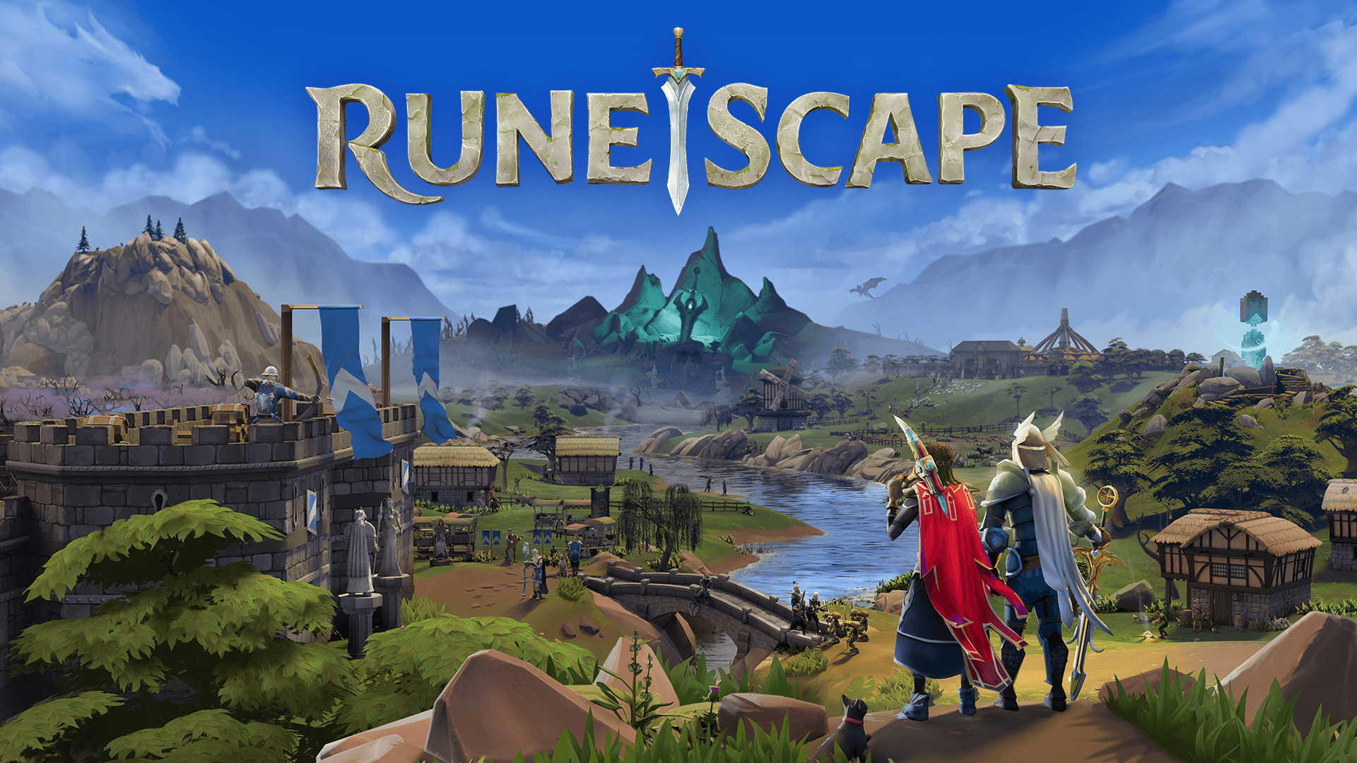 Official RuneScape key art: two adventurers overlooking a valley with a castle, river and village under the RuneScape logo