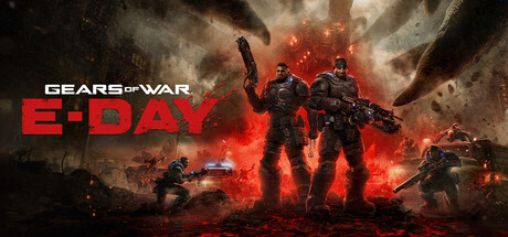 Official Gears of War: E-Day Steam header: Marcus Fenix and Dom Santiago amid a burning city during Emergence Day