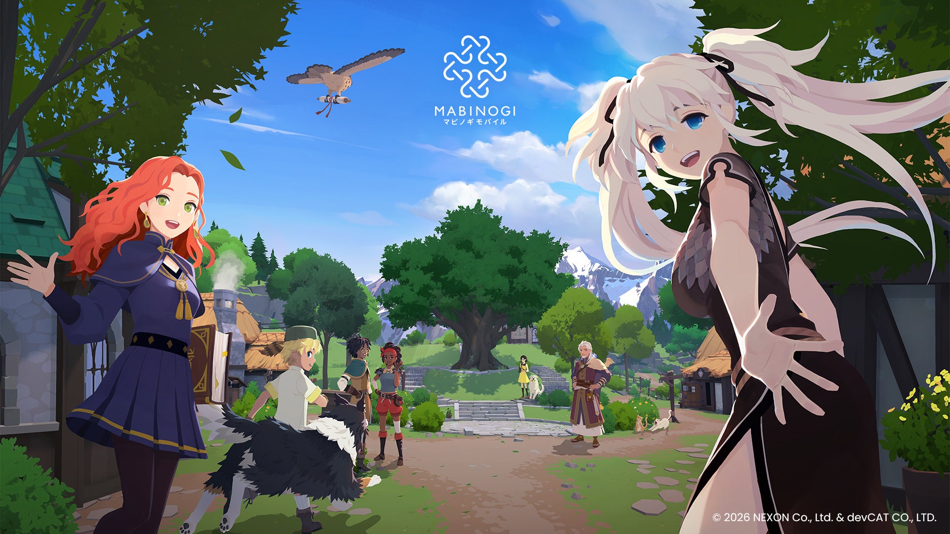 Official Mabinogi Mobile key art showing two playable characters in a lush fantasy village, with the game's logo and snow-capped mountains in the background