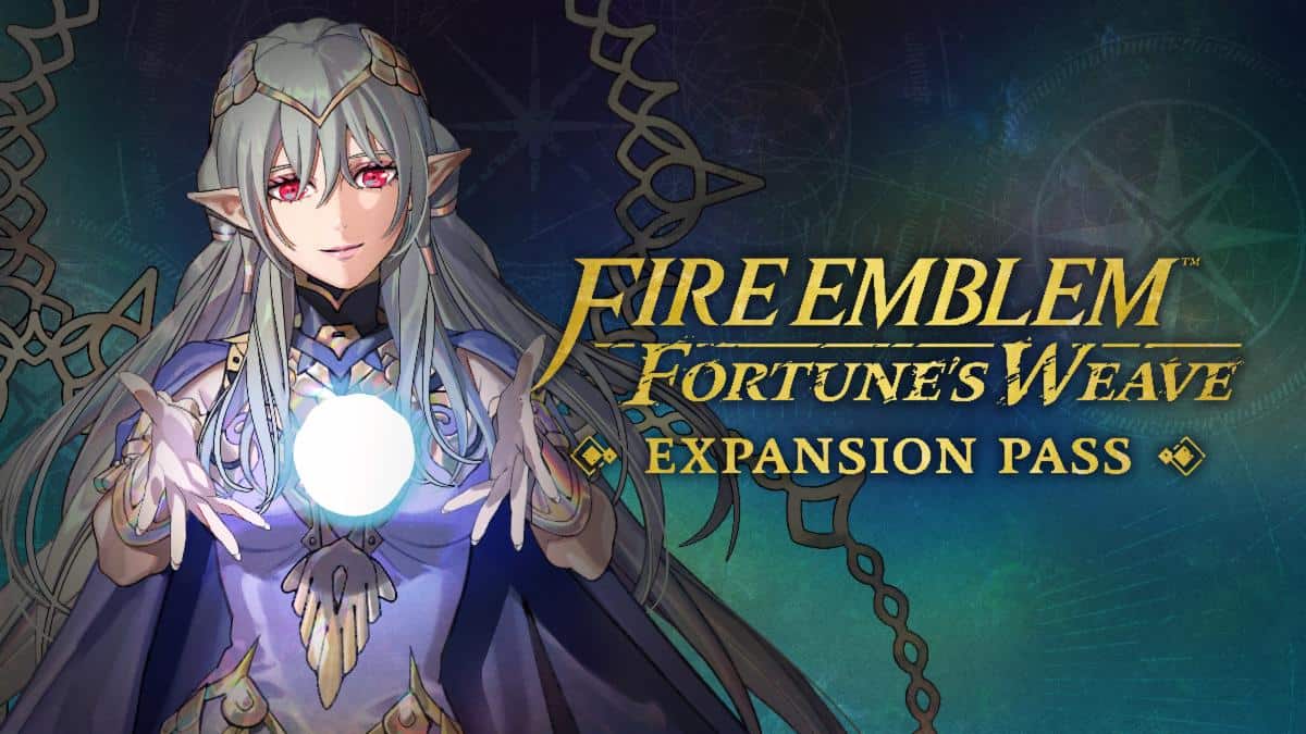 Official key art for the Fire Emblem: Fortune's Weave Expansion Pass, showing a silver-haired, pointed-eared character conjuring a sphere of light beside the Expansion Pass logo