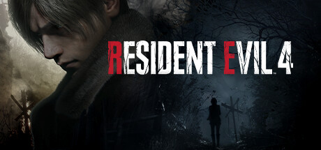 Resident Evil 4 remake key art showing Leon S. Kennedy in profile next to the game's logo, with a silhouetted figure in a misty forest in the background