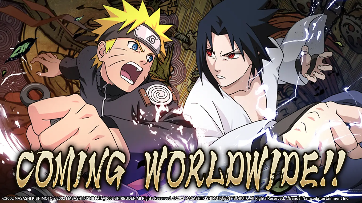 Official 'Naruto Mobile - Coming Worldwide!!' key art showing Naruto Uzumaki and Sasuke Uchiha in a dynamic clash pose
