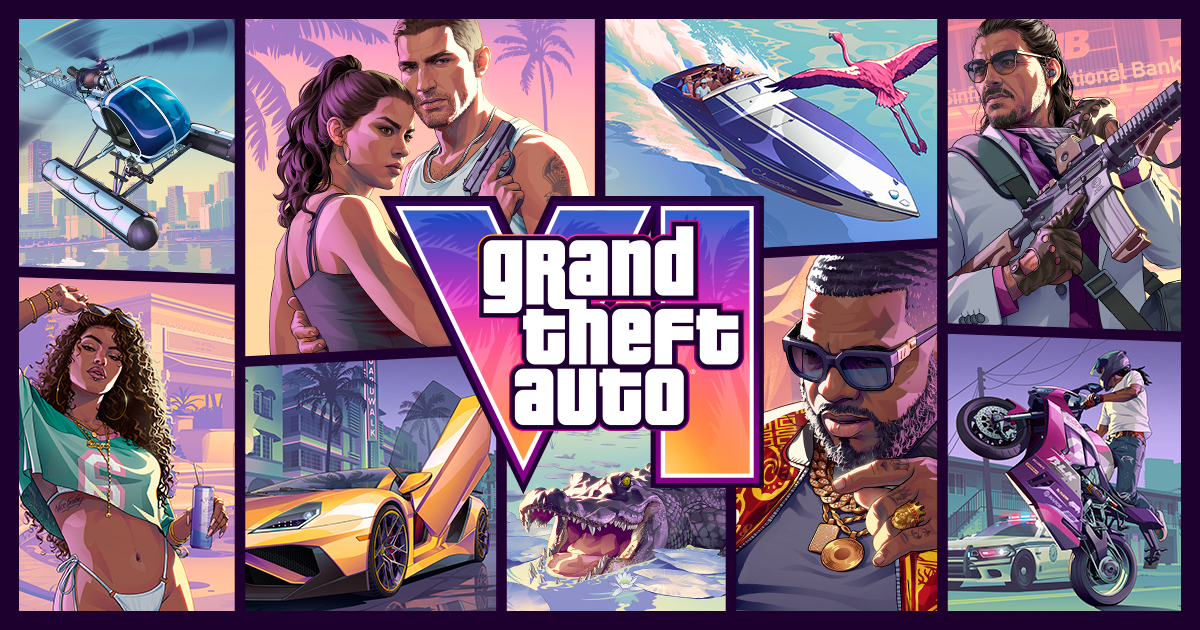 Official Grand Theft Auto VI key art collage with Jason and Lucia around the GTA VI logo