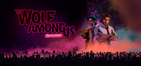 Official key art for The Wolf Among Us Remastered showing Bigby Wolf and Snow White against a neon-lit Fabletown skyline