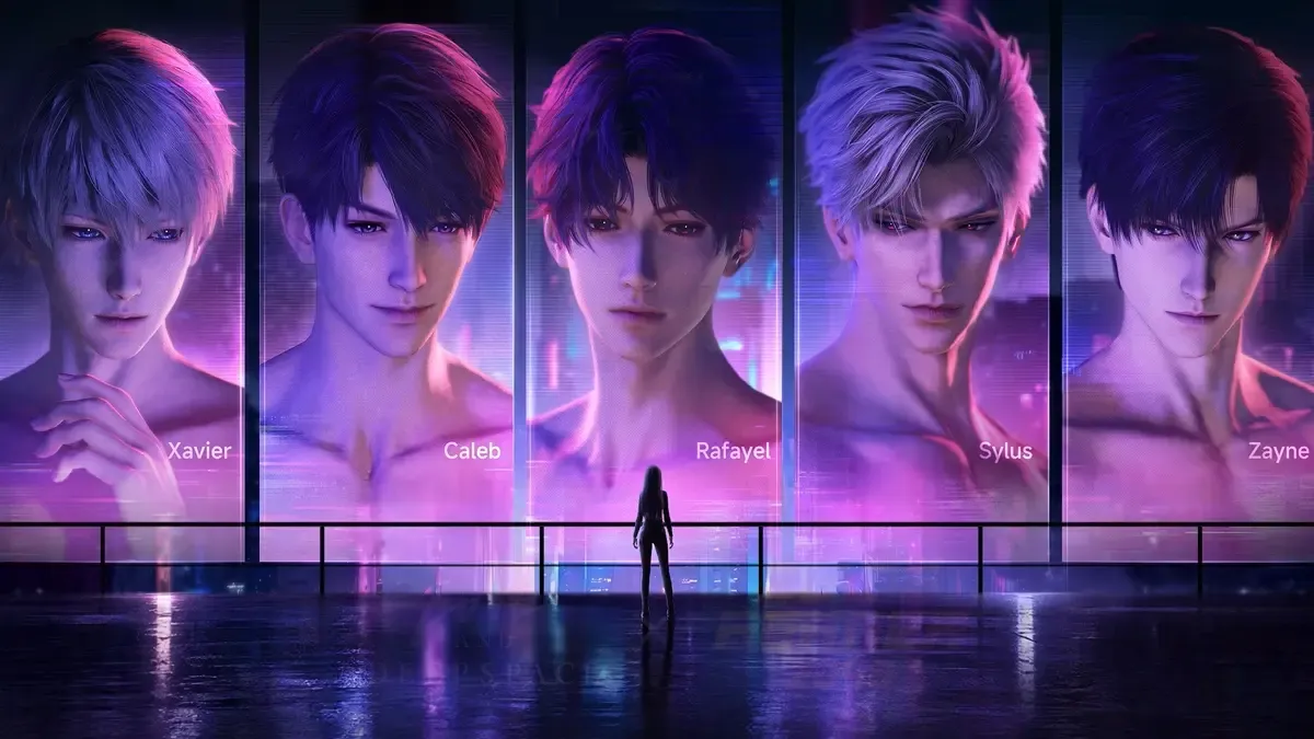 Love and Deepspace's five Love Interests displayed on giant neon-lit screens in the Blade Runner 2049-inspired Rendered Real crossover visual