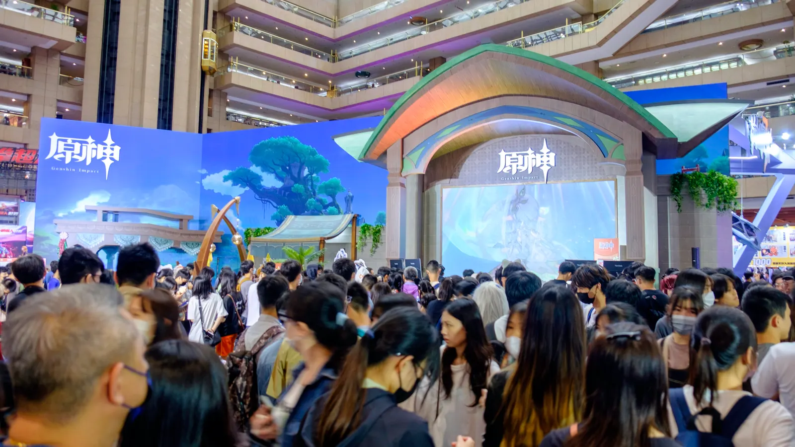 Official Genshin Impact promotional booth, illustrating the HoYoverse title at the center of the AI voice-cloning lawsuit